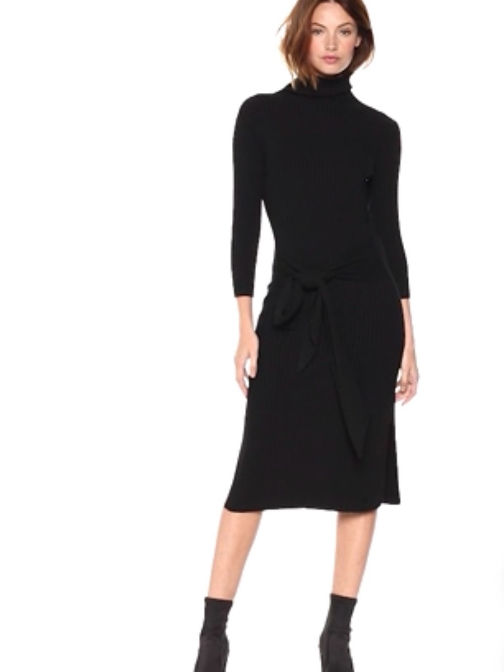 Cable Stitch Sleek Turtleneck Tie-Waist Midi Sweater Dress Curve Hugging